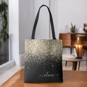 Bolsa Tote Nome Monograma Menina Brilho Brilho Dourado Preto