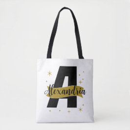 Bolsa Tote Nome Monograma Personalizado Preto e Dourado