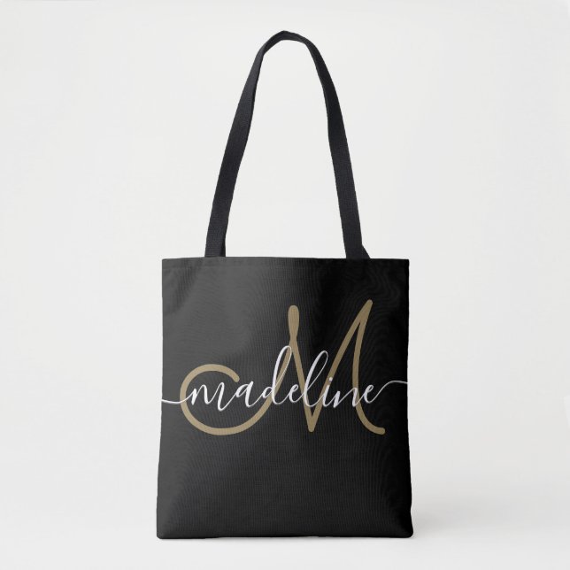 Bolsa Tote Nome Monogramado em Script Elegante Moderno Chic (Frente)