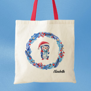 Bolsa Tote Nome na Férias Blue & Red Penguin Wreath