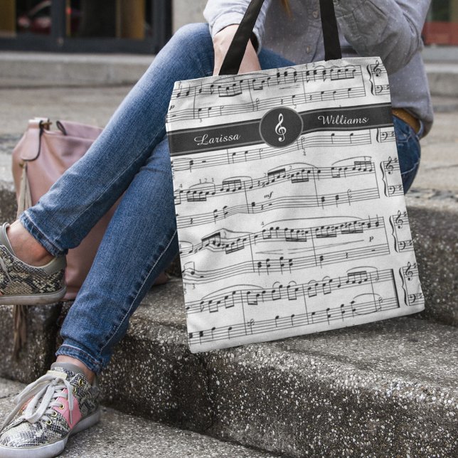 Bolsa Tote Nome nas notas musicais em preto e branco (music lessons tote)