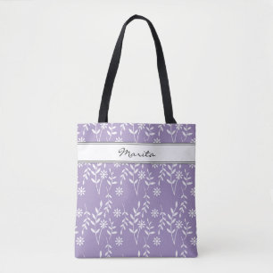 Bolsa Tote Nome ou Qualquer Texto Padrão Floral Branco Lavend