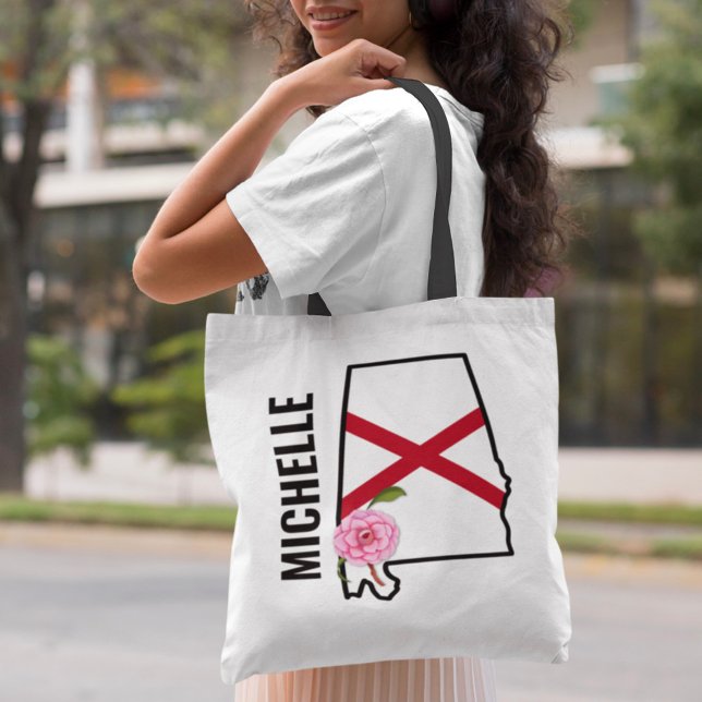 Bolsa Tote Nome personalizado Alabama Flag e State Flower Cam (Criador carregado)