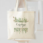 Bolsa Tote Nome Personalizado Aquarela Eucalyptus Greenery Bo<br><div class="desc">Linda pintura de cor d'água,  eucalipto verde,  ilustração verde,  com sotaques dourados falsos. Personalize facilmente com seu nome personalizado ou qualquer texto.</div>