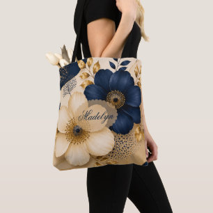 Bolsa Tote Nome Personalizado Azul Marinho & Dourado Floral B