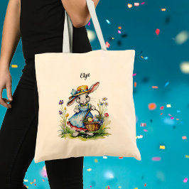Bolsa Tote Nome Personalizado Bonito Vintage Bunny Páscoa Tre