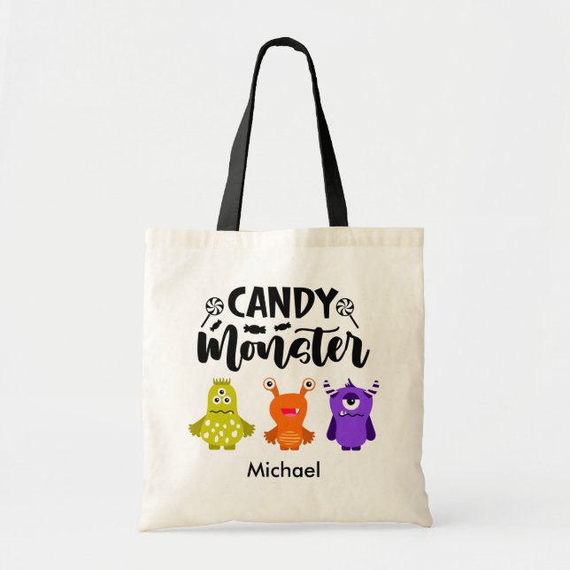 Bolsa Tote Nome personalizado Candy Monster Trick ou Tratar T (Frente)