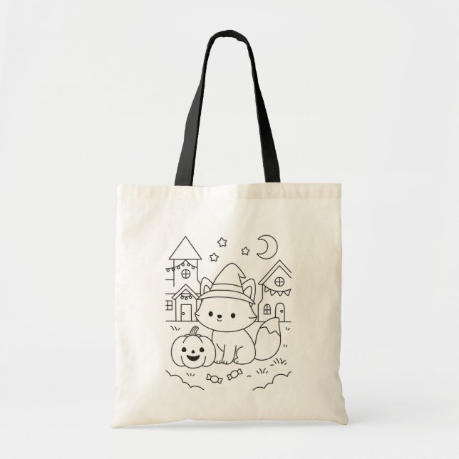 Bolsa Tote Nome Personalizado Cute Halloween Criança DIY Colo (Frente)