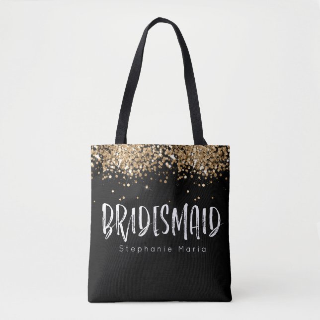 Bolsa Tote nome personalizado da dama dourada preta bridesmai (Frente)