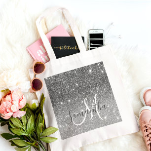 Bolsa Tote Nome Personalizado da Glitter da Cinza Moderna