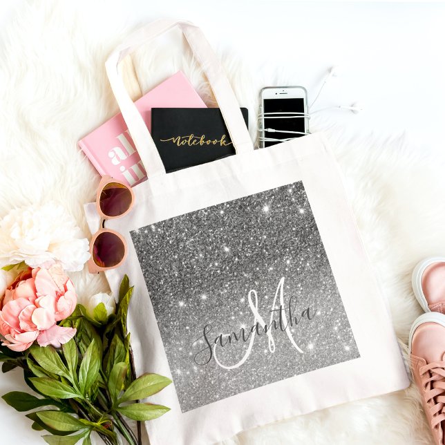 Bolsa Tote Nome Personalizado da Glitter da Cinza Moderna (Criador carregado)