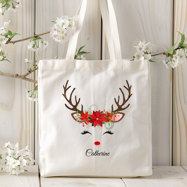 Bolsa Tote Nome Personalizado da Reinador de Natal Floral (Criador carregado)