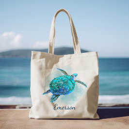 Bolsa Tote Nome Personalizado da Tartaruga Marítima de Cores