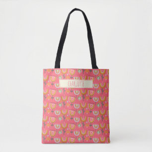 Bolsa Tote Nome Personalizado das Flores do Arco-Íris Cor-de