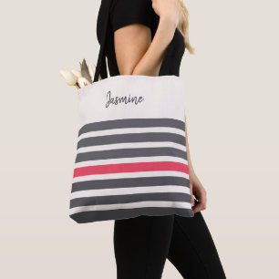 Bolsa Tote Nome personalizado das listras modernas de carvão