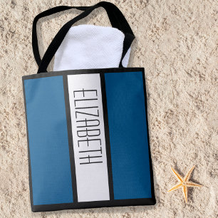 Bolsa Tote Nome Personalizado de Bloco Moderno Azul Clássico