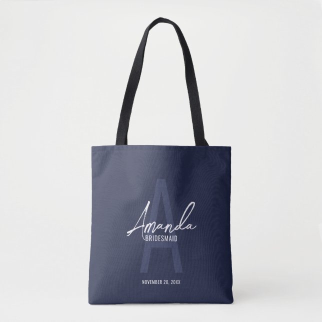 Bolsa Tote Nome Personalizado de Bridesmaid do Script Azul do (Frente)