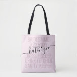 Bolsa Tote Nome Personalizado de Bridesmaid Rosa Personalizad<br><div class="desc">Saco de Tote Personalizado,  Cor-de-Rosa e Negra,  com texto e texto editáveis para a sua data,  destino ou localização,  nome e citação divertida,  como "vestimenta,  bebe fetcher,  sanity keeper",  faz uma manutenção divertida e útil para todas as suas damas de honra.</div>