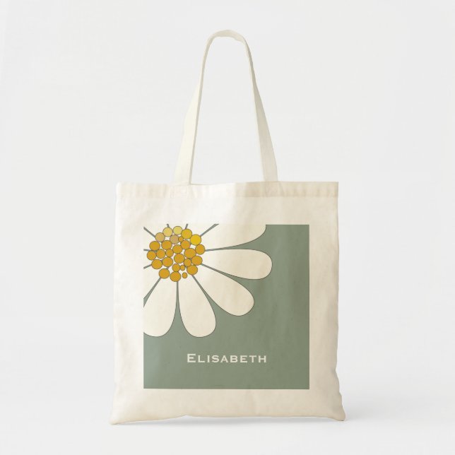 Bolsa Tote Nome personalizado de design floral branco-margari (Frente)
