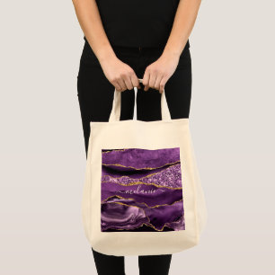Bolsa Tote Nome Personalizado de Geodo Glitter Dourado Violet