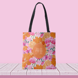 Bolsa Tote Nome Personalizado de Jardim Floral Laranja e Rosa