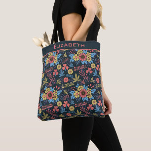 Bolsa Tote Nome personalizado de padrão uniforme floral color