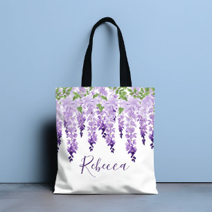 Bolsa Tote Nome Personalizado de Wisteria de Aquarela