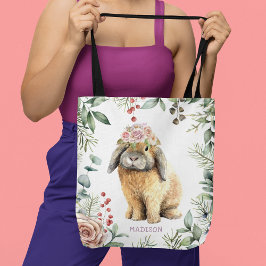 Bolsa Tote Nome Personalizado do Coelho Floral de Coelho de W