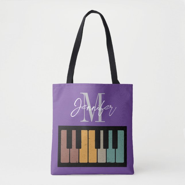 Bolsa Tote Nome Personalizado do Monograma de Piano Roxo (Frente)