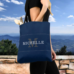 Bolsa Tote Nome Personalizado do Monograma de Prata Azul Eleg