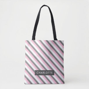 Bolsa Tote Nome personalizado do padrão de faixas diagonais c