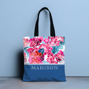 Bolsa Tote Nome Personalizado do Padrão Floral Rosa na moda