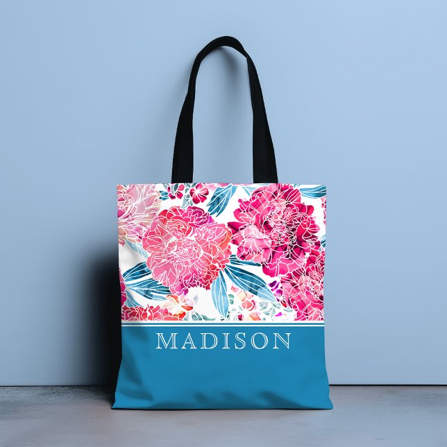 Bolsa Tote Nome Personalizado do Padrão Floral Rosa na moda (Criador carregado)