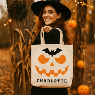 Bolsa Tote Nome Personalizado do Rosto de Abóbora do Hallowee
