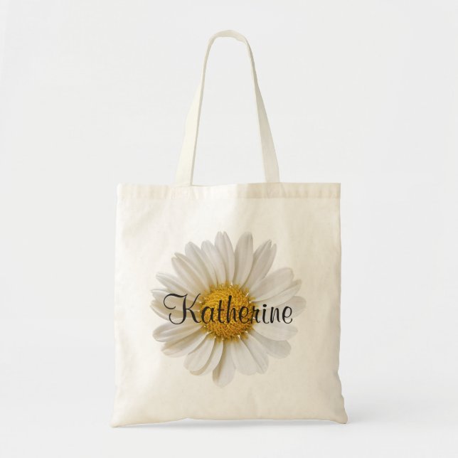 Bolsa Tote Nome Personalizado do solteiro White Daisy Flower (Frente)