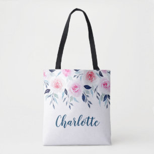 Bolsa Tote Nome personalizado dos rosas aguarela cor-de-rosa