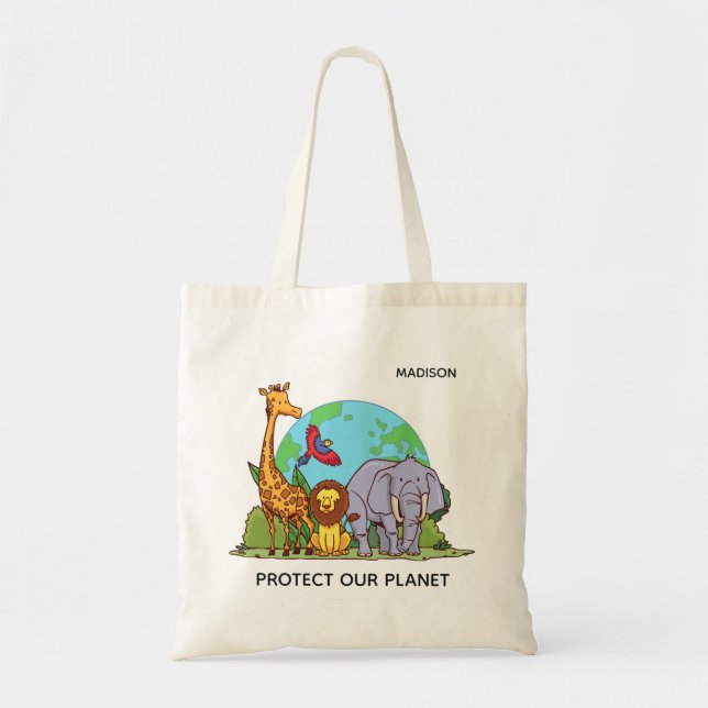 Bolsa Tote Nome Personalizado e Texto Terra com Animais (Frente)