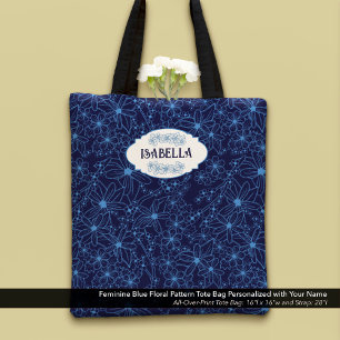 Bolsa Tote Nome Personalizado Feminino Padrão Floral Azul