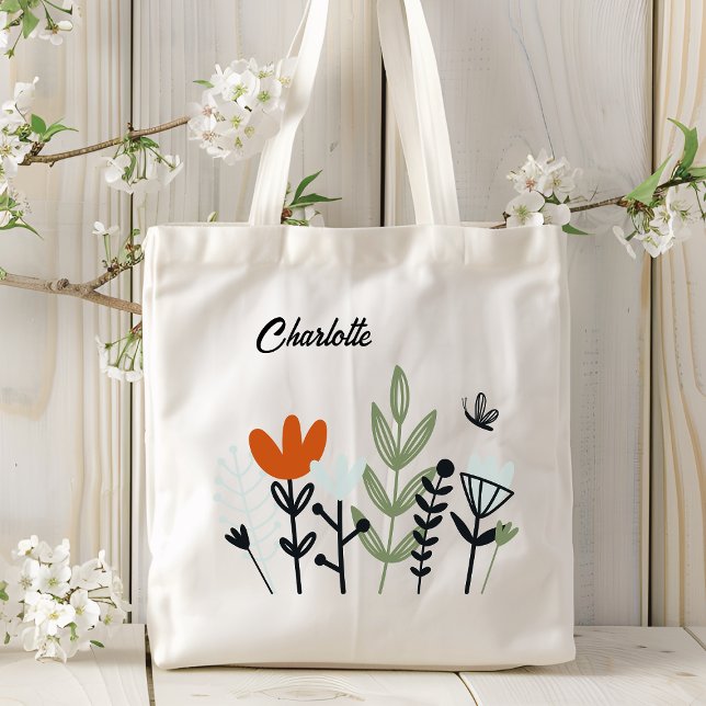 Bolsa Tote Nome Personalizado Floral Caprichoso Moderno (Criador carregado)
