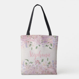 Bolsa Tote Nome Personalizado Floral Cor-de-Rosa Esbranquiçad