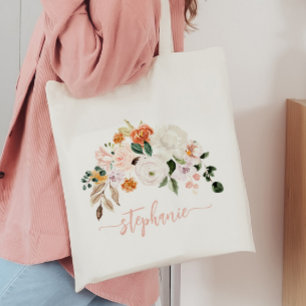 Bolsa Tote Nome Personalizado Floral Floral de Cor de Água do