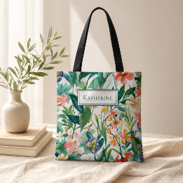 Bolsa Tote Nome Personalizado Floral Tropical