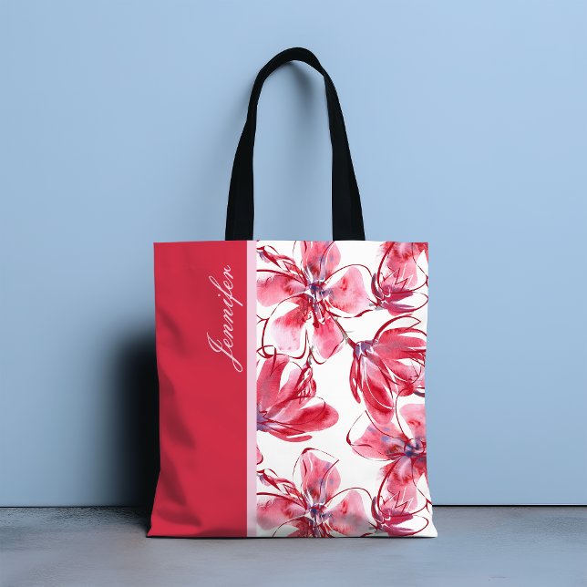 Bolsa Tote Nome Personalizado Floral Tropical Vermelho Modern (Criador carregado)