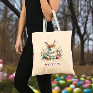 Bolsa Tote Nome Personalizado Flowers de Coelho Caça de Ovos 