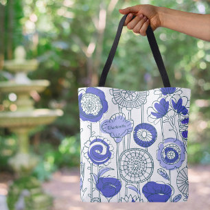 Bolsa Tote Nome personalizado fofo Arte floral abstrata em az
