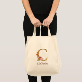Bolsa Tote Nome Personalizado Folha de Ouro Blush Rosas Rosa 