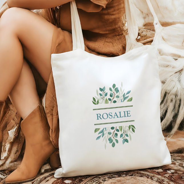 Bolsa Tote Nome Personalizado Folhagem Botânica (Botanical Greenery Custom Tote Bag)