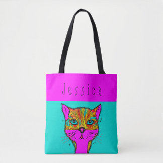 Bolsa Tote Nome Personalizado Funky Colorful Cat Purple Teal