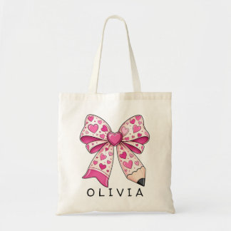 Bolsa Tote Nome Personalizado Lápis com Laço de Coração Rosa