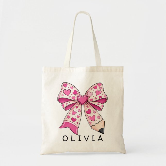 Bolsa Tote Nome Personalizado Lápis com Laço de Coração Rosa  (Frente)